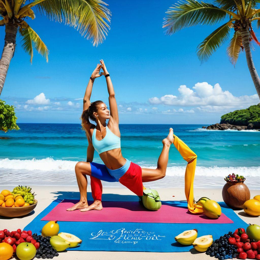 A sun-drenched beach scene with a fit woman doing yoga on a colorful mat, surrounded by fresh fruits like berries, bananas, and coconuts, symbolizing clean eating. The background features sparkling ocean waves and a clear blue sky. Add motivational quotes in an elegant font, overlaying the scene. bright and vibrant colors. tropical vibe.